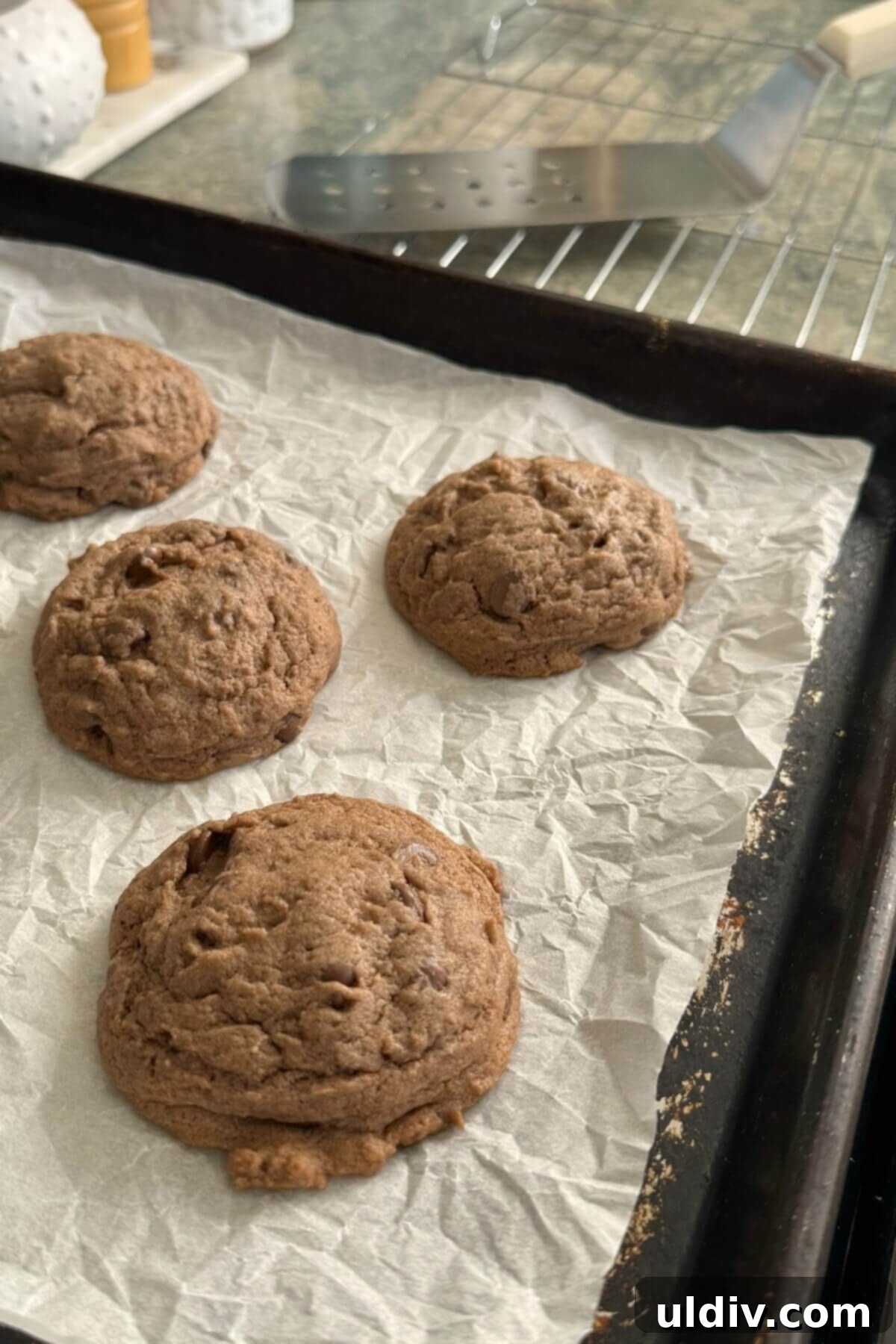 Double Chocolate Pudding Cookies 11 Freshly baked chocolate chocolate chip cookies cooling on a wire rack.