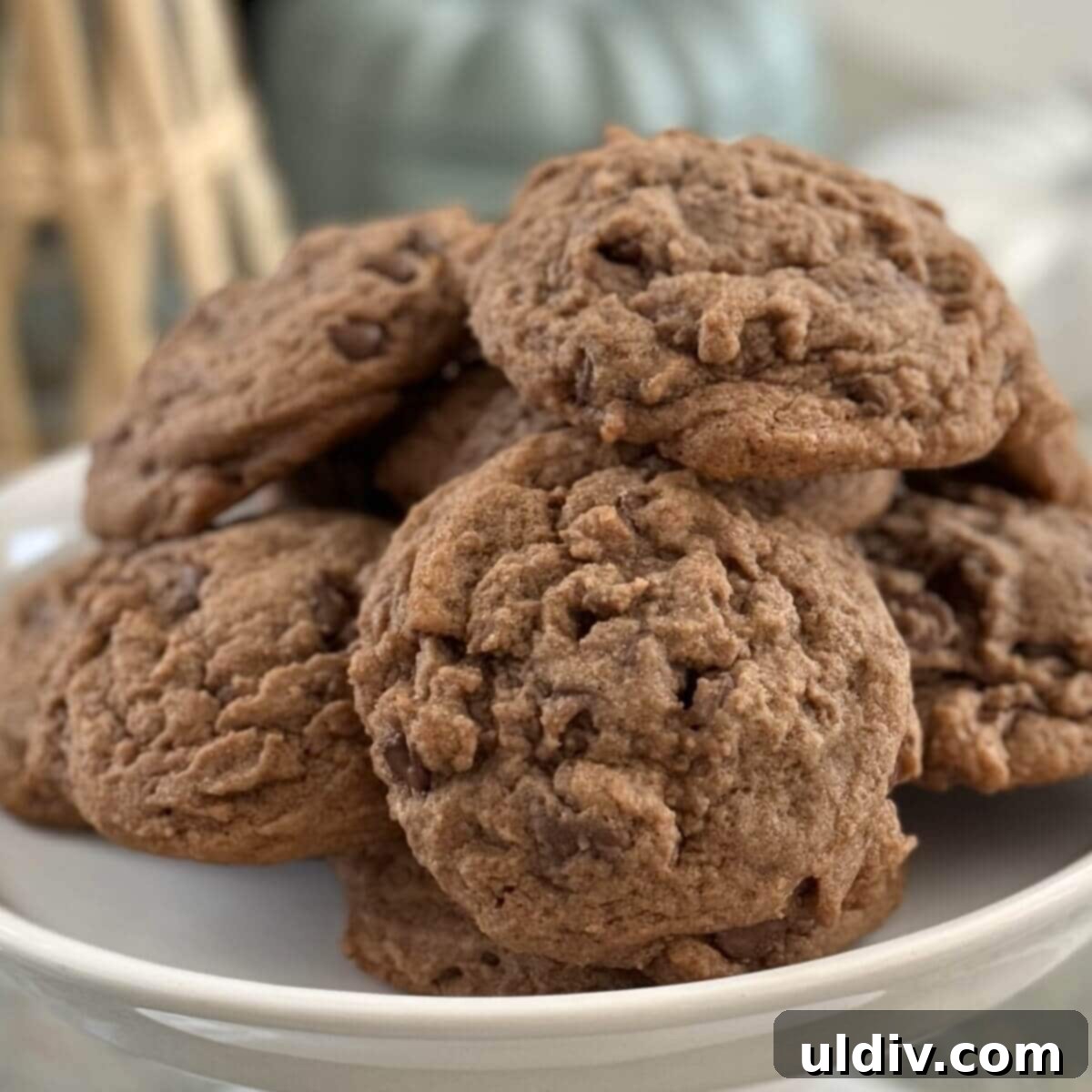 Double Chocolate Pudding Cookies 14 A platter of chocolate chocolate chip pudding cookies, ready to be served.