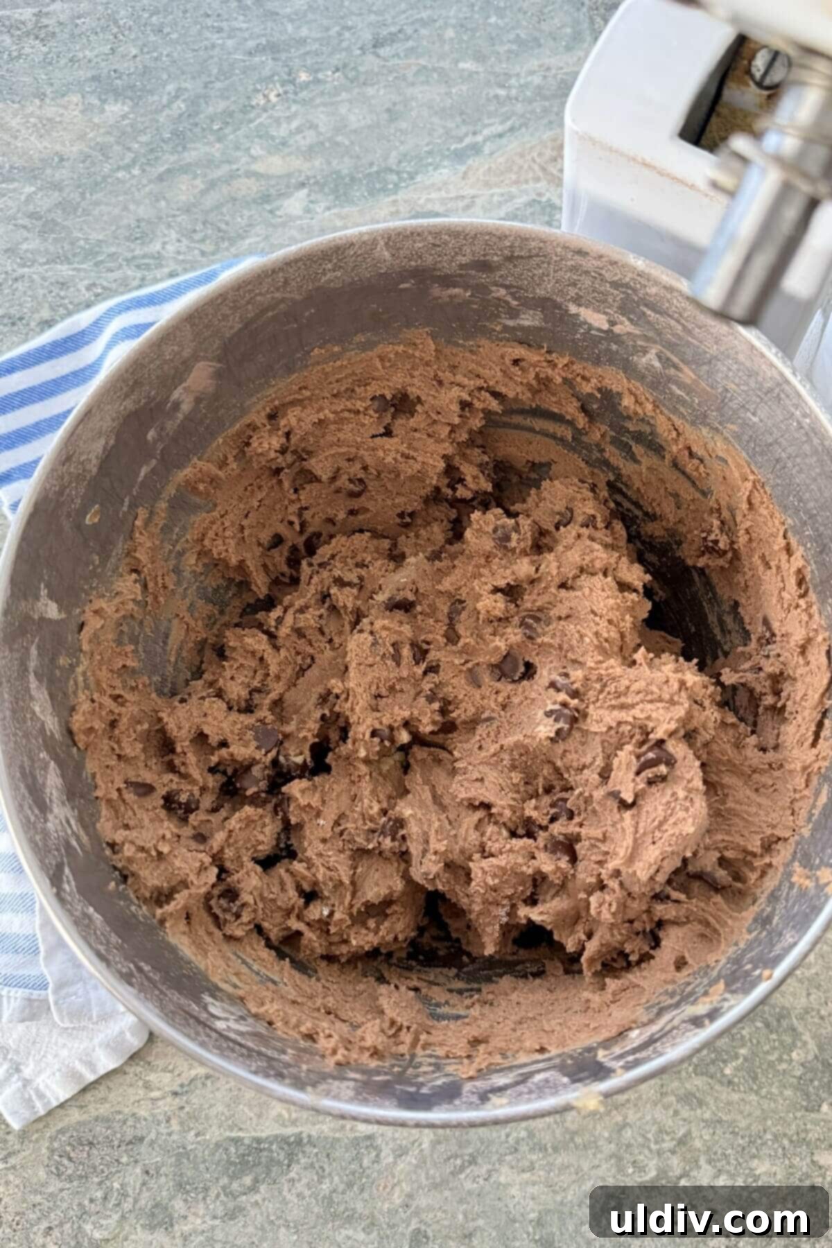 Double Chocolate Pudding Cookies 8 A bowl of rich chocolate chocolate chip cookie dough, ready for baking.
