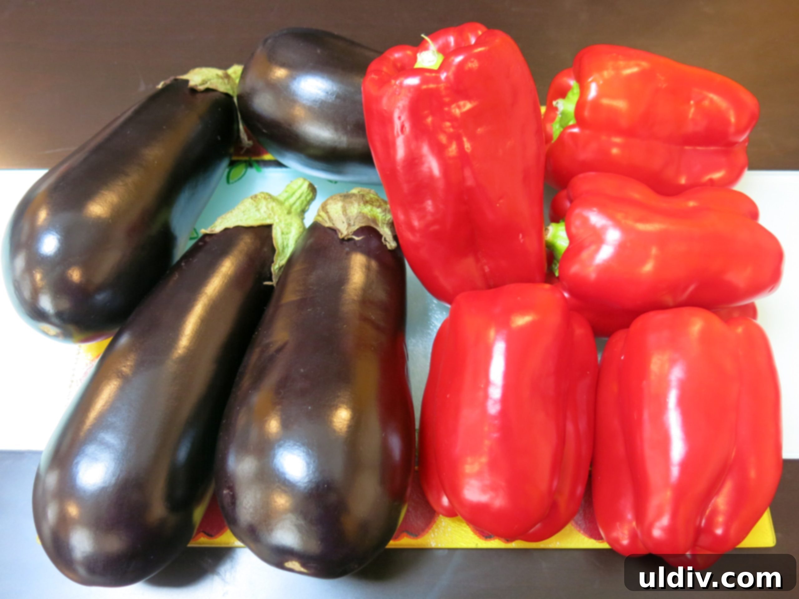 Childhood's Pure Rustic Roasted Pepper Eggplant Dip 3 Fresh eggplants and red bell peppers, ready for roasting