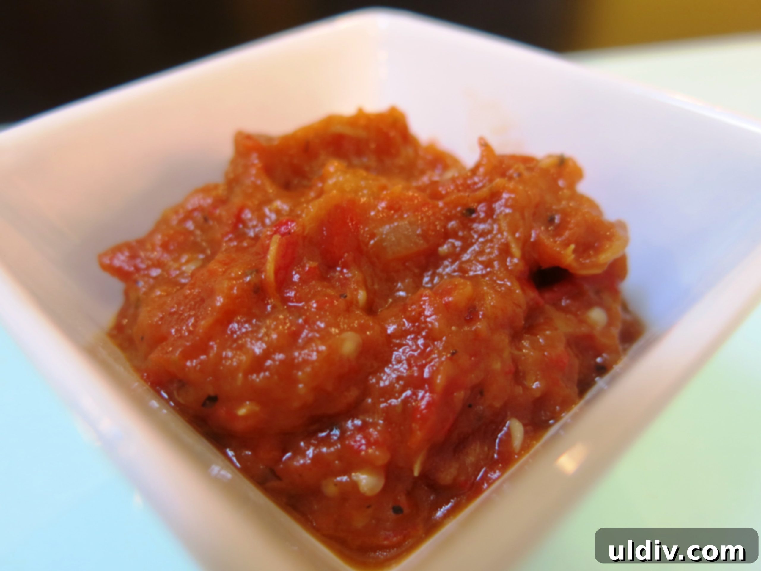 Childhood's Pure Rustic Roasted Pepper Eggplant Dip 5 A bowl of the finished roasted pepper and eggplant dip