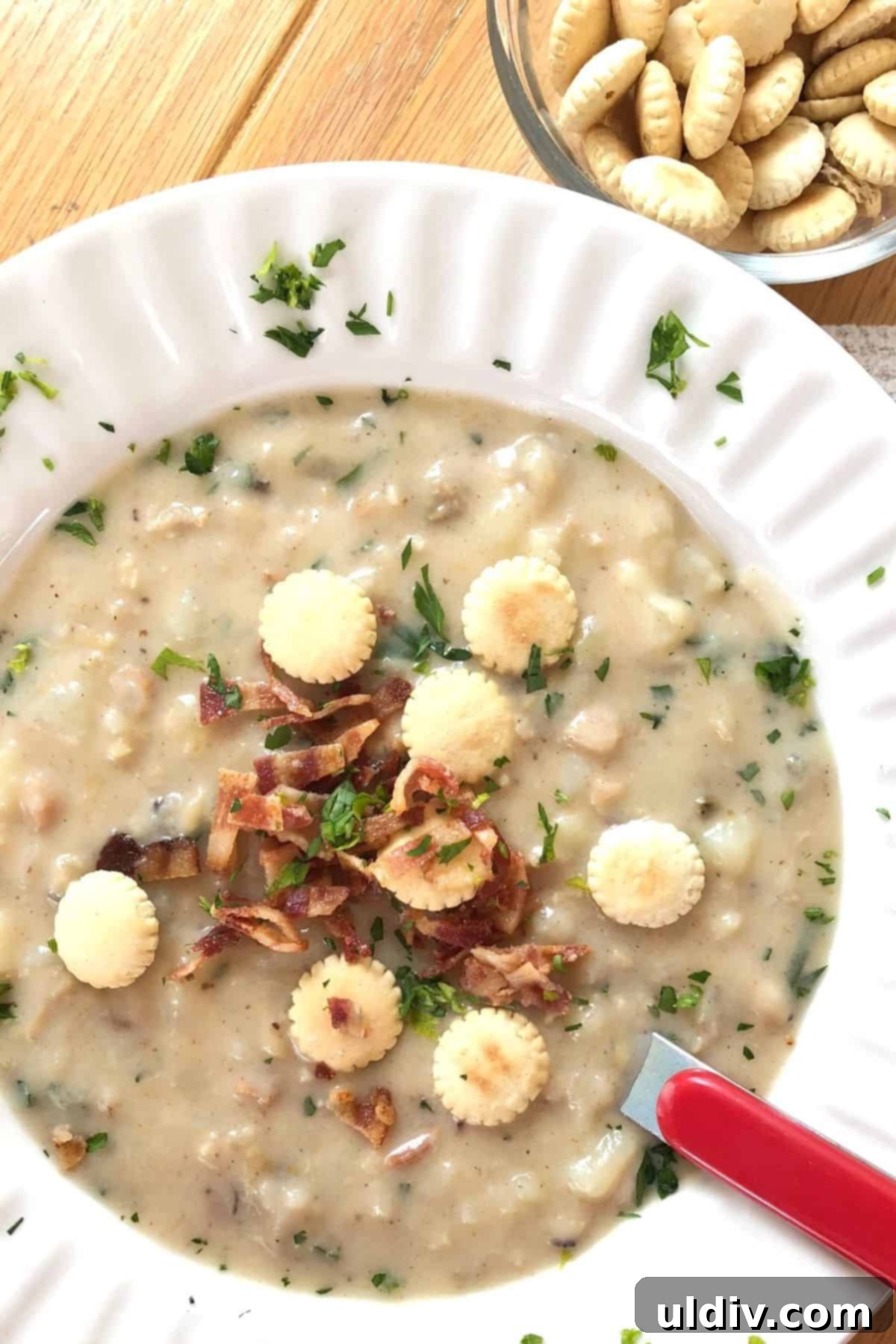 Velvety Smooth New England Clam Chowder 2 large bowl of New England clam chowder with oyster crackers.
