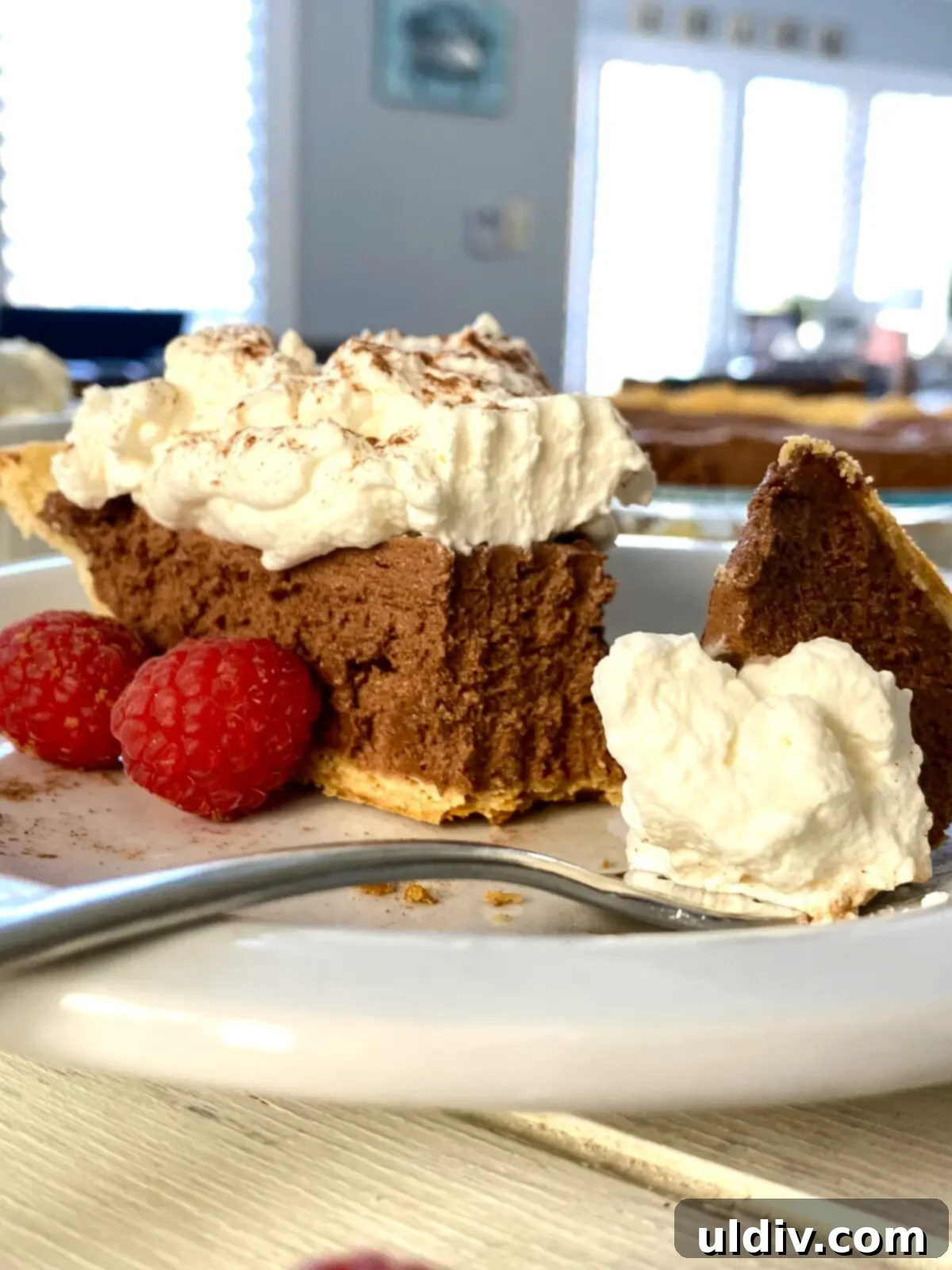 The Ultimate French Silk Pie Recipe Surpassing Bakers Square 2 slice of French silk pie with forkful.