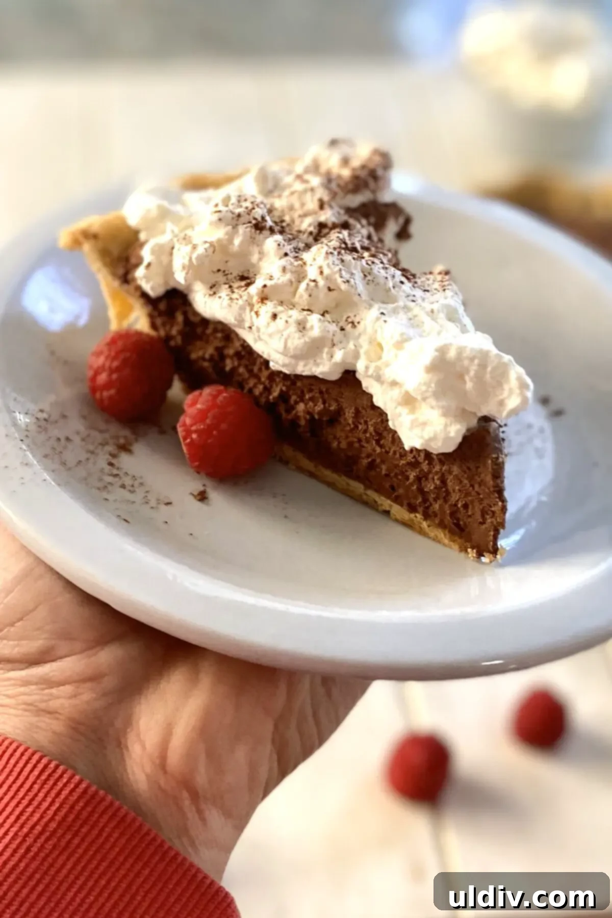 The Ultimate French Silk Pie Recipe Surpassing Bakers Square 13 hand holding a plate with French silk pie.