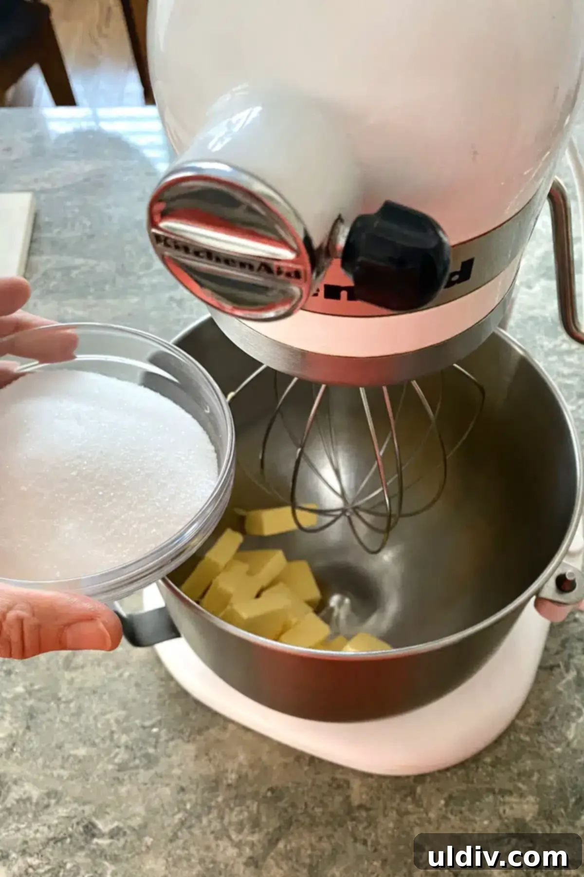 The Ultimate French Silk Pie Recipe Surpassing Bakers Square 5 adding sugar and butter to mixing bowl.