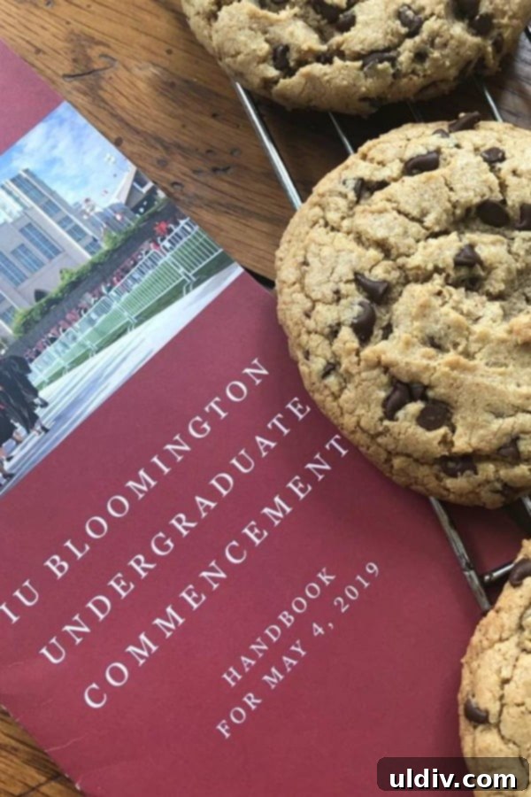Jumbo chocolate chip cookie with an Indiana University commencement program, celebrating a milestone with a sweet treat