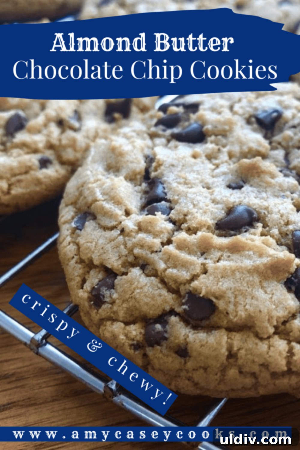 Ultimate Crispy-Chewy Almond Butter Chocolate Chip Cookies 7 freshly baked almond butter chocolate chip cookies cooling on a wire rack