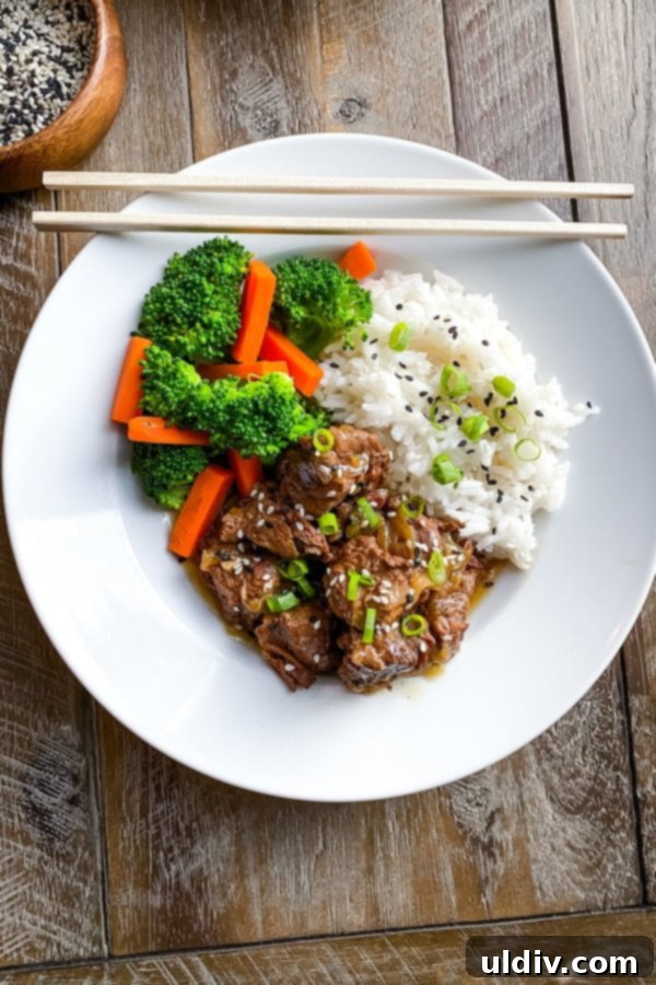 bowl of Asian beef stew with rice, broccoli and carrots