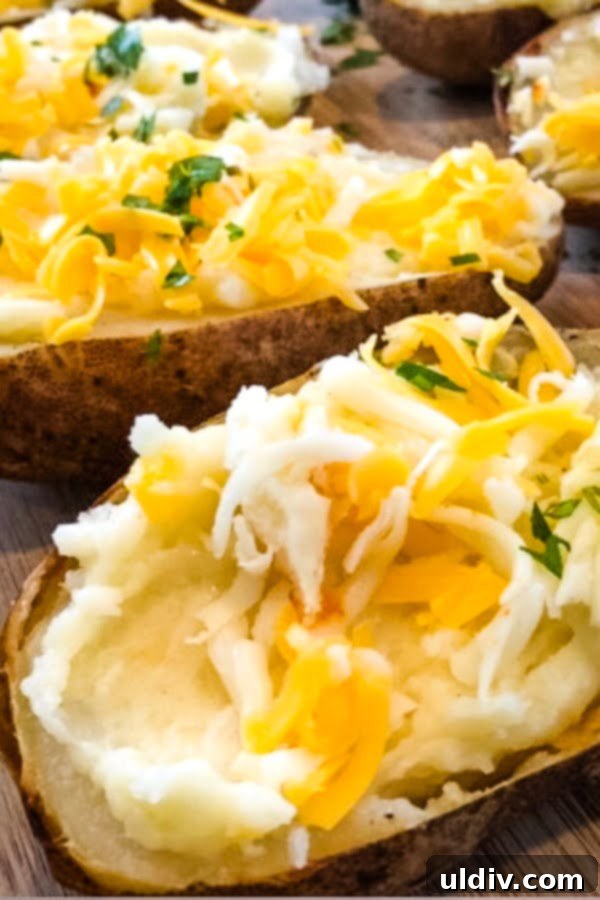Make-Ahead Stuffed Potato Boats 2 Golden brown baked potatoes stuffed with creamy cheddar cheese filling, ready for entertaining.
