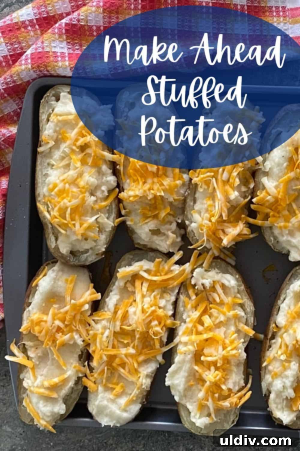 Make-Ahead Stuffed Potato Boats 6 A full baking sheet of unbaked cheddar cheese stuffed potatoes, prepared for freezer storage or immediate baking.