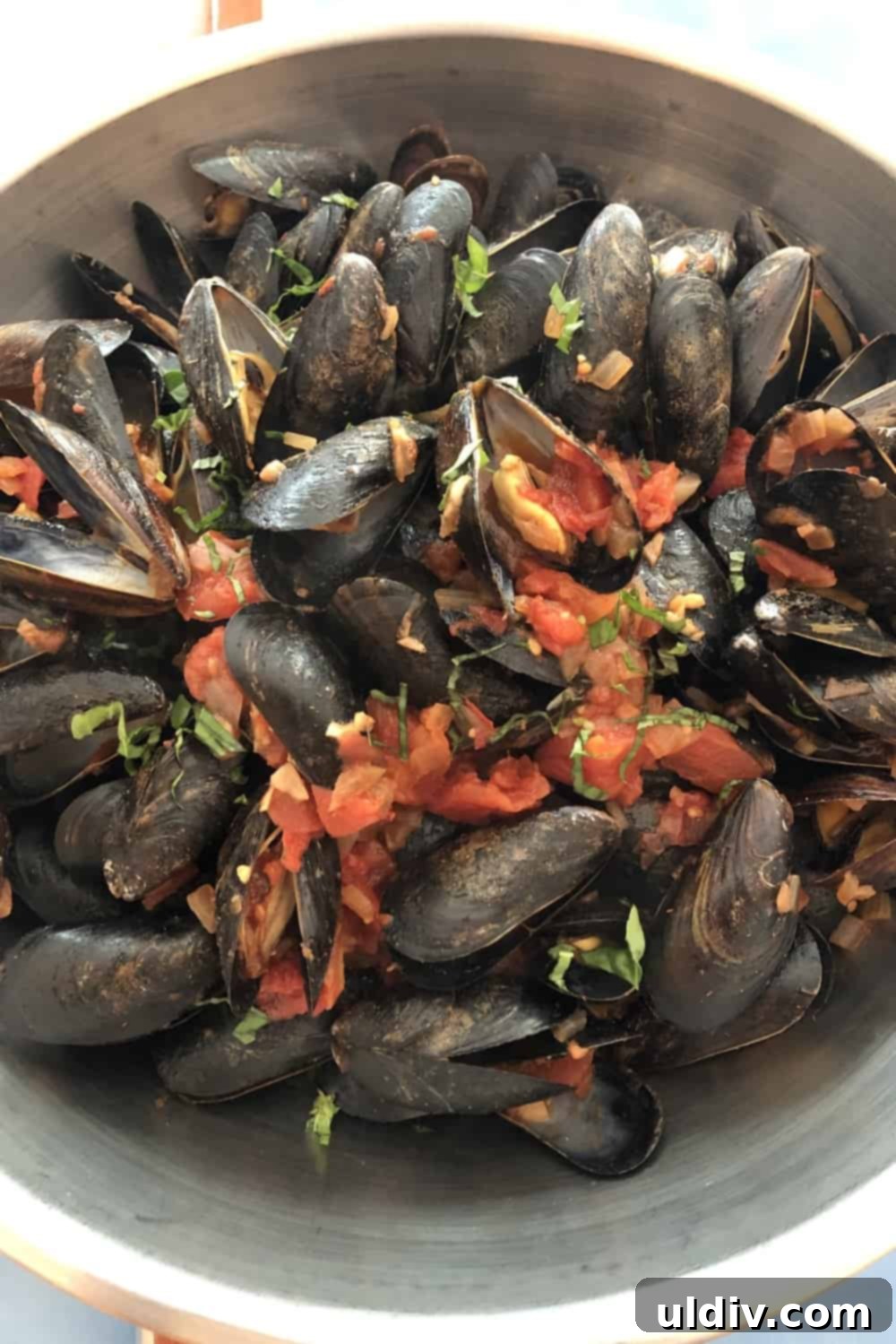 Zesty Marinara Mussels 3 A large bowl brimming with perfectly cooked mussels in a rich, homemade spicy marinara sauce, ready to serve.