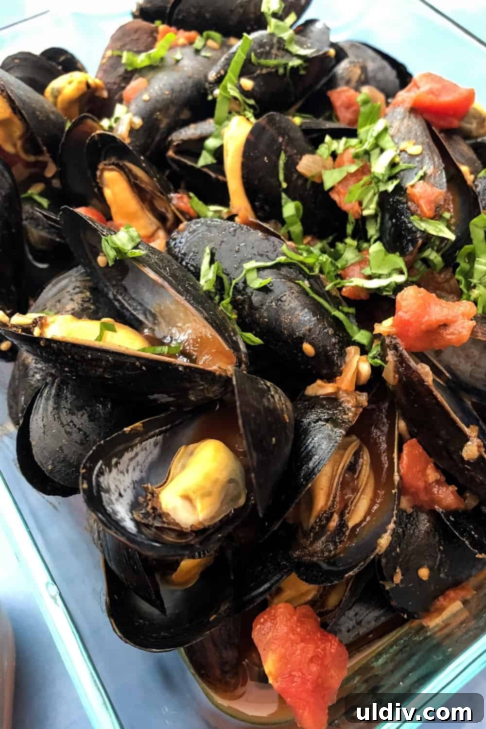 Zesty Marinara Mussels 4 Close-up of cooked mussels in a rich marinara sauce, garnished with vibrant fresh basil leaves, showcasing the texture.