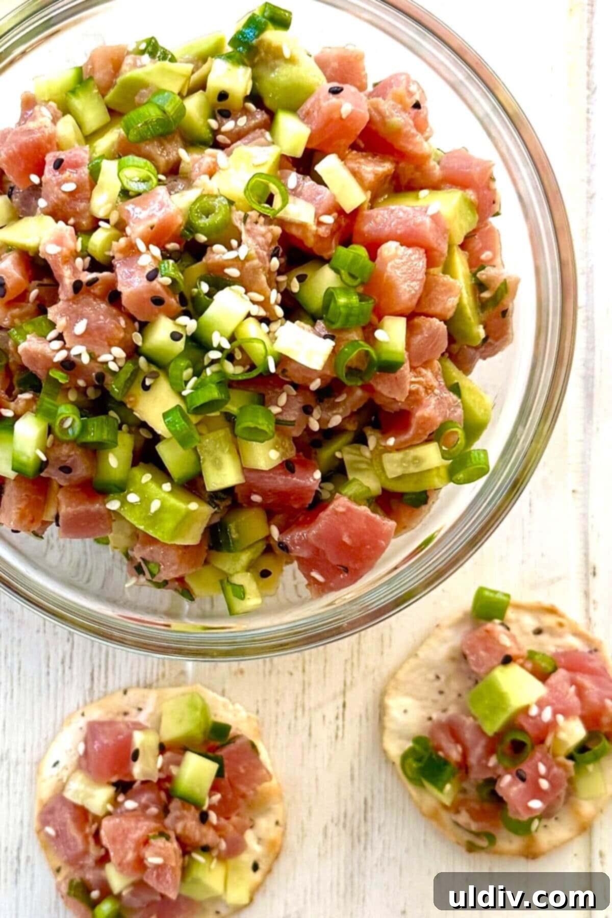 Quick and Zesty Tuna Ceviche 11 two crackers with tuna ceviche and a bowl of ceviche.
