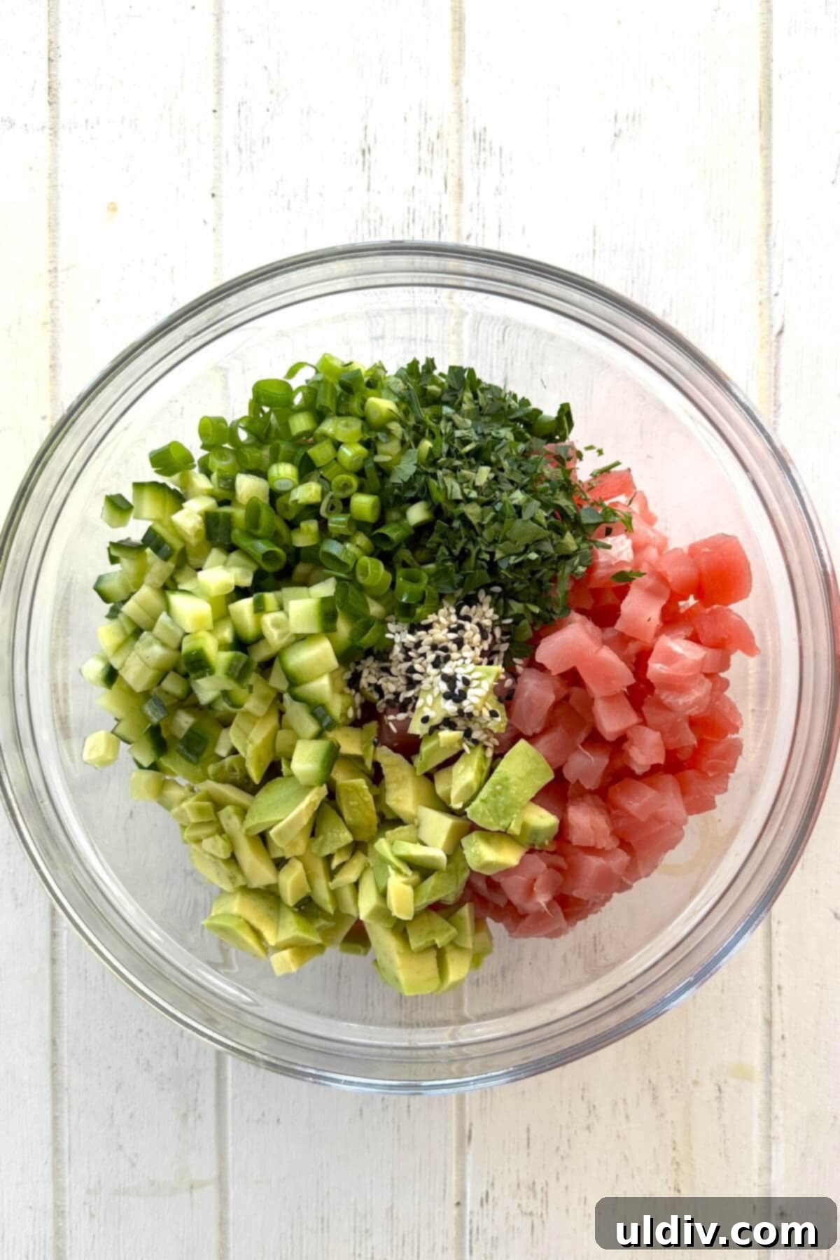 Quick and Zesty Tuna Ceviche 6 A bowl with diced tuna, avocado, cucumber, and green onions.