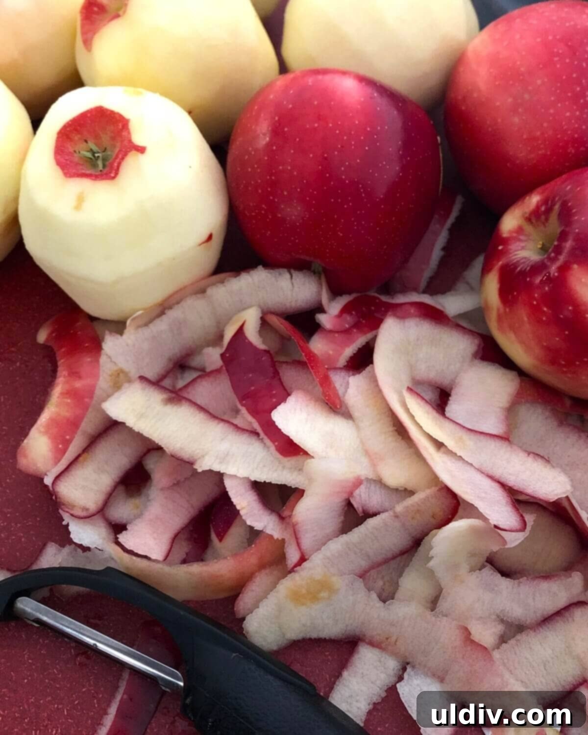 How to Make Chunky Applesauce from Whole Apples 4 Two vibrant red apples, one peeled and one whole, showcasing the fresh ingredients for homemade applesauce.