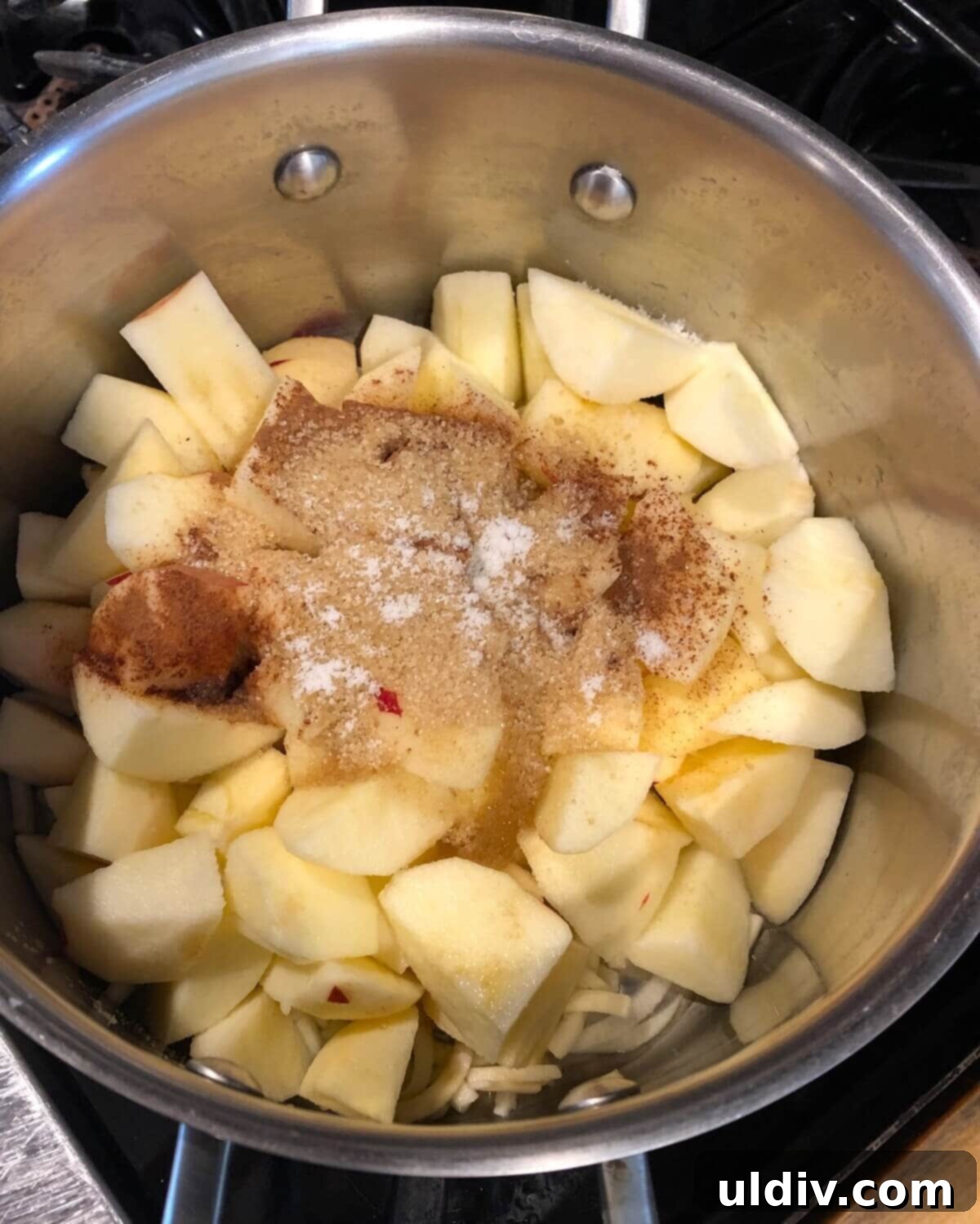 chunks of apples in a pot with sugar, cinnamon and water.