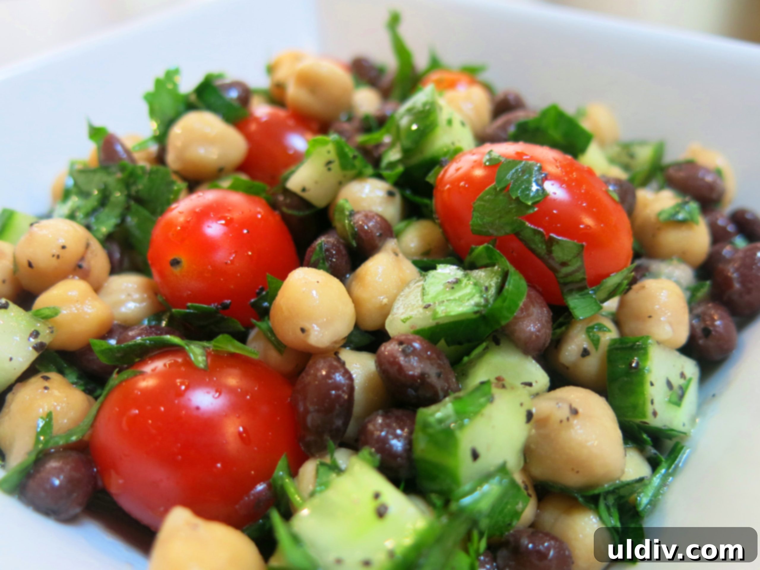 My Seasonal Bridge Salad: Blending Fresh Harvest with Pantry Essentials 2 Freshly prepared chickpea and black bean salad with tomatoes and cucumbers, ready to eat.