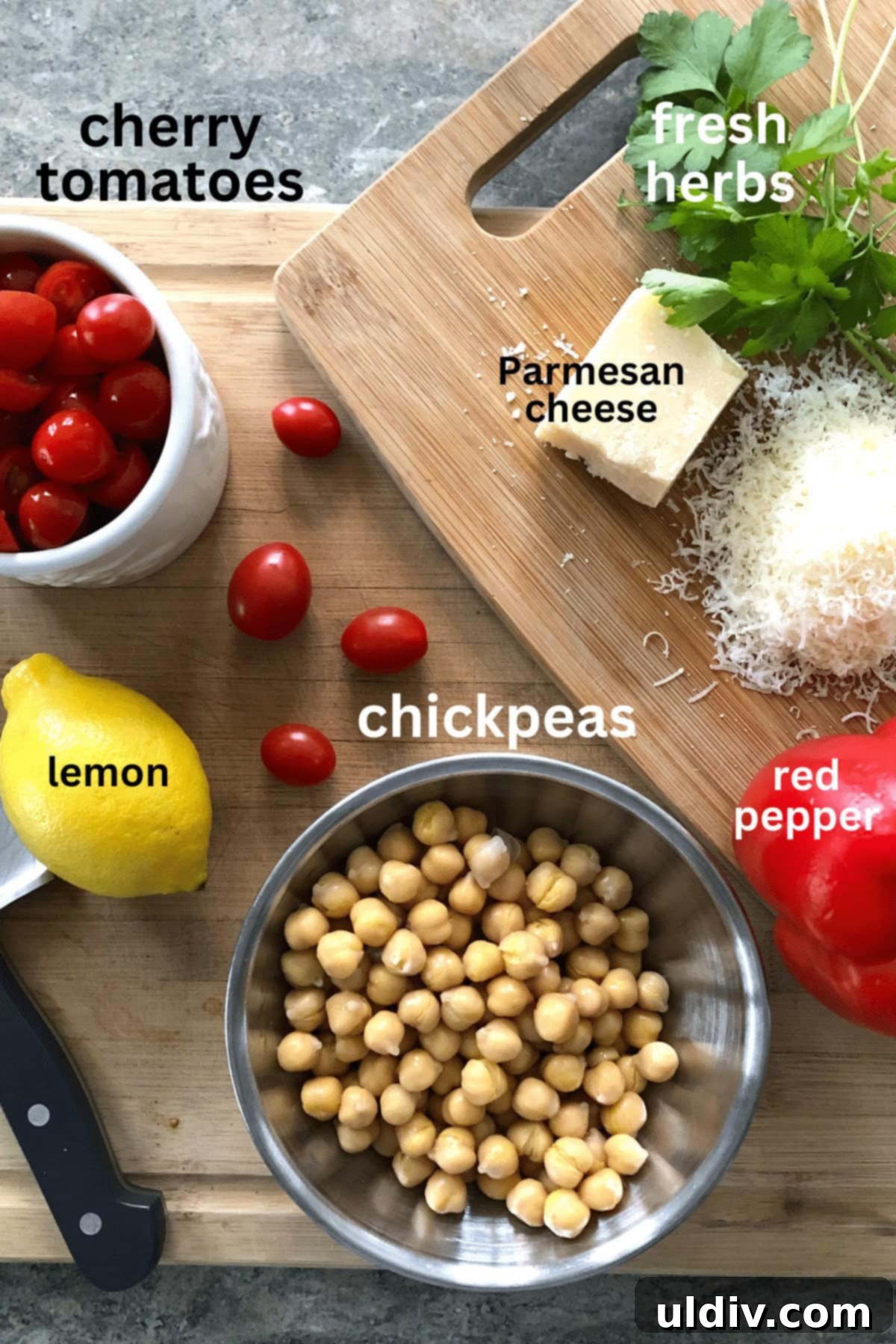 Mediterranean Chickpea Tomato Salad with Zesty Herb Dressing 3 chickpeas, red pepper, lemon, cherry tomatoes, parmesan cheese