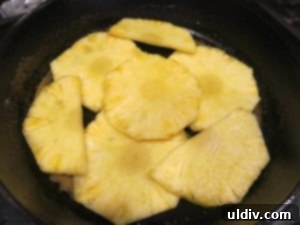 Breaking In My New Cast Iron Skillet with Pineapple Upside-Down Cake 4 Pineapple slices arranged over the caramel in a cast iron skillet