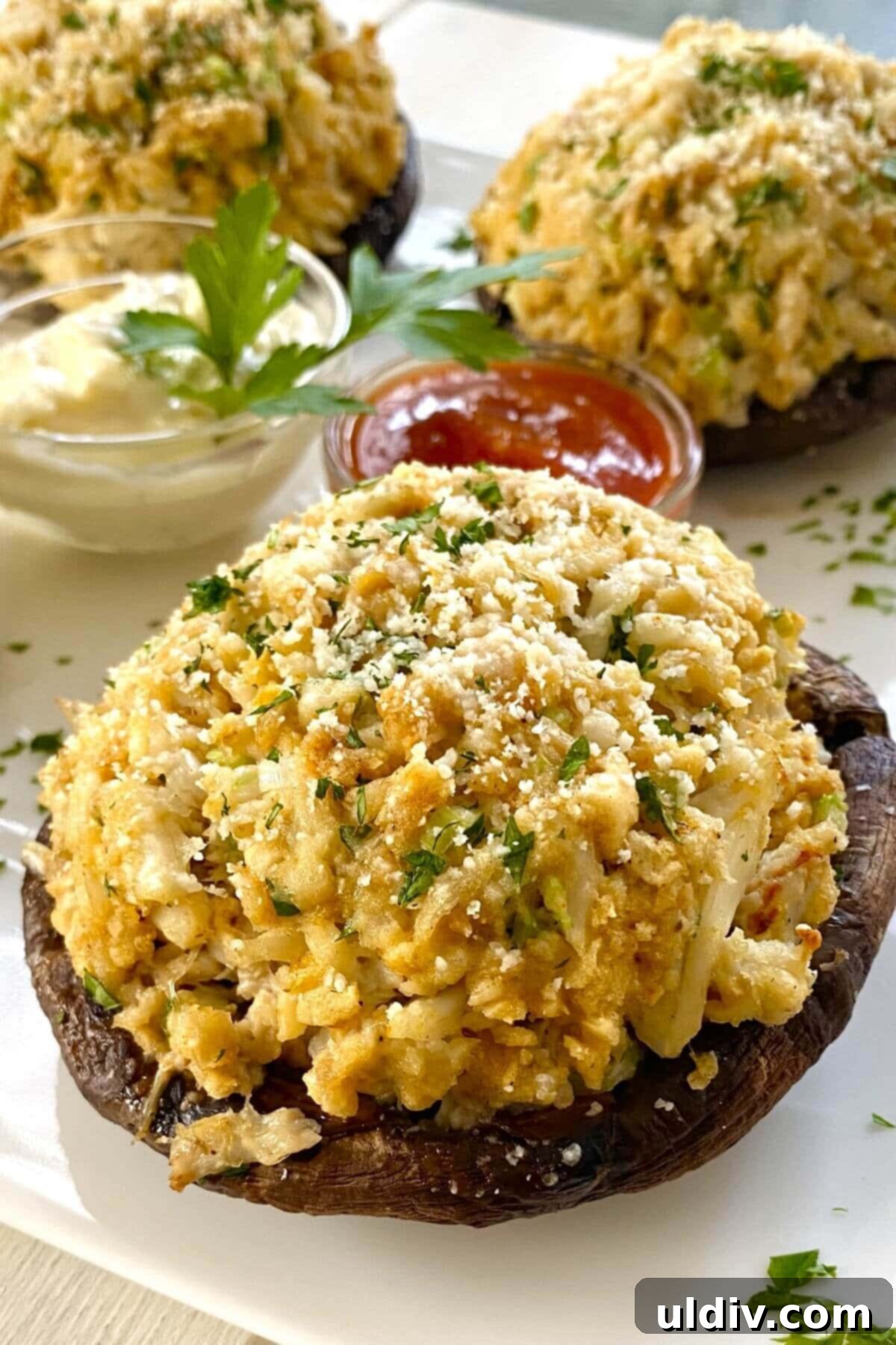 Savory Crab Stuffed Portobellos 2 baked crab cake stuffed portobello mushroom on with tartar and cocktail sauces.