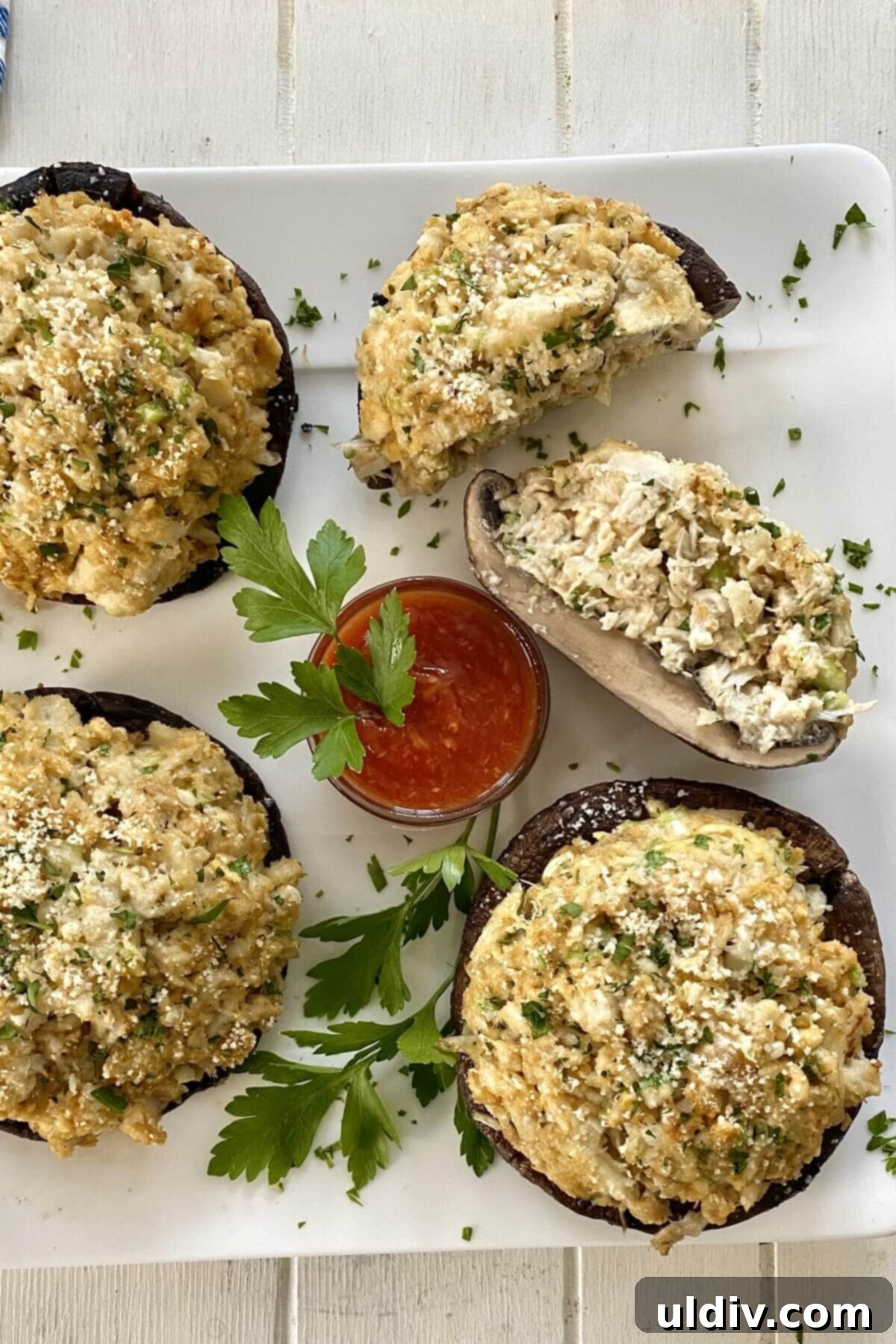 Savory Crab Stuffed Portobellos 3 4 crab stuffed mushrooms with cocktail sauce.