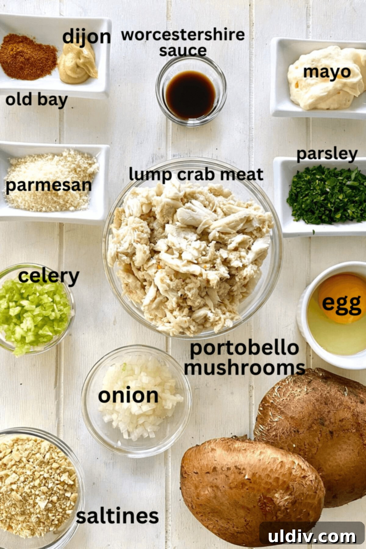 Savory Crab Stuffed Portobellos 4 lump crab, parmesan, old bay, dijon, egg, portobello mushrooms, onion, celery, saltine crackers.