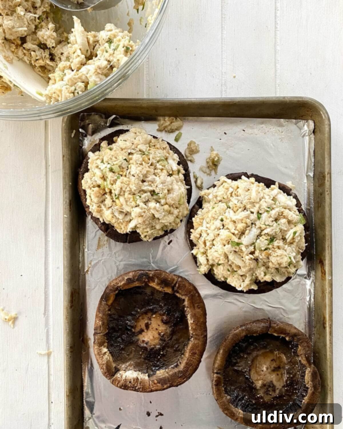 Savory Crab Stuffed Portobellos 9 2 crab stuffed portobello mushrooms. and 2 empty mushrooms.