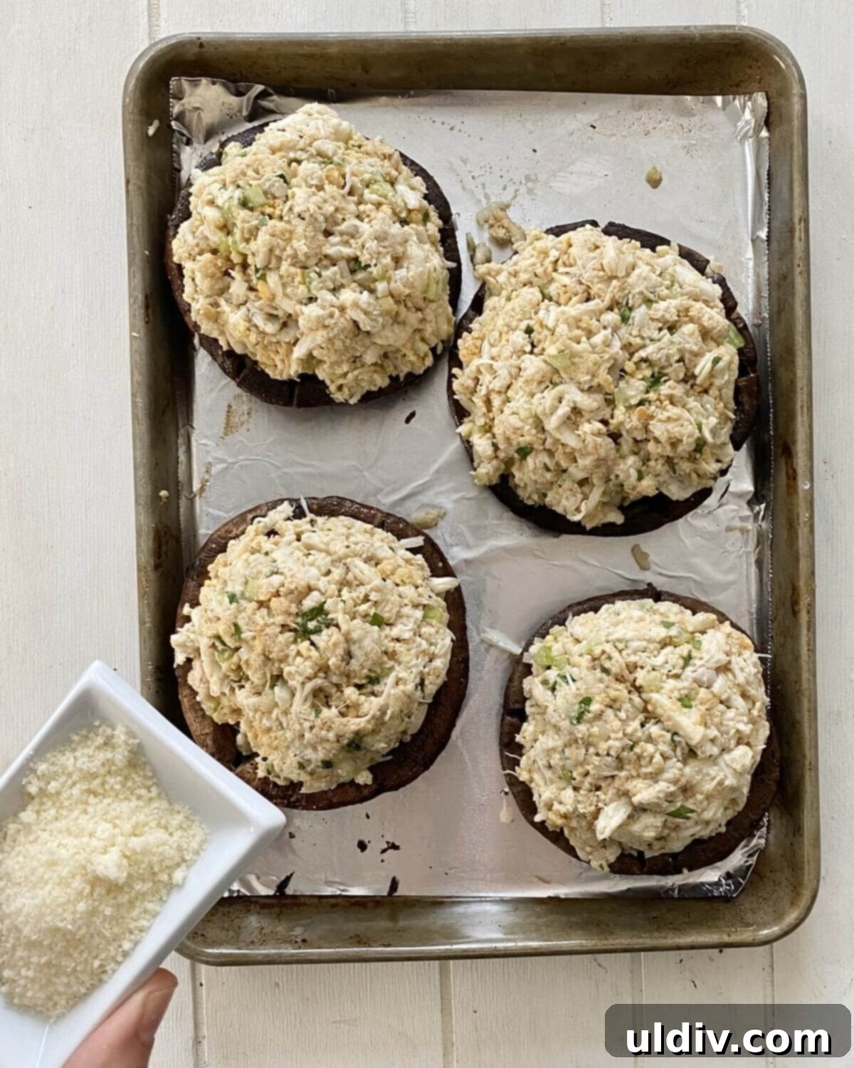 Savory Crab Stuffed Portobellos 10 parmesan cheese and crab stuffed mushroom caps.
