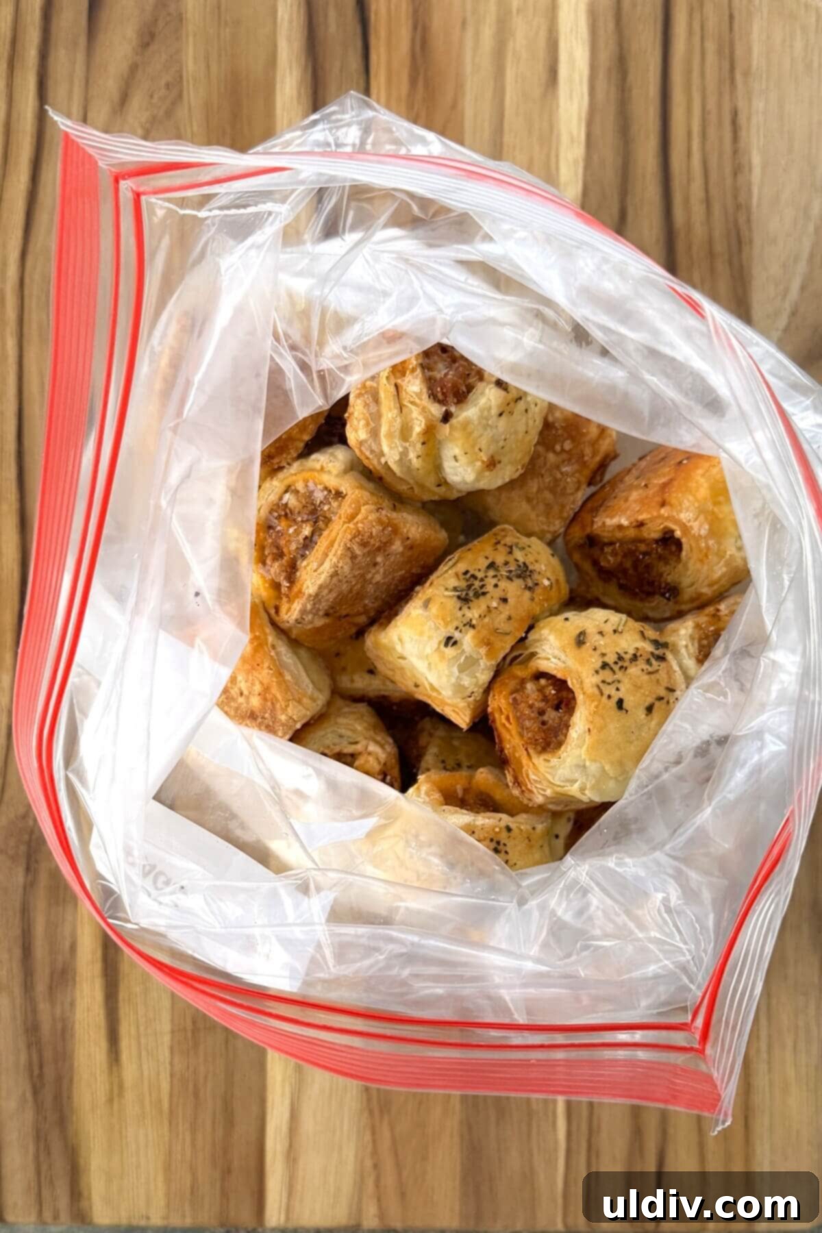 Homemade Pizza Sausage Rolls 13 Frozen sausage rolls stored in a resealable bag, ready for future use.