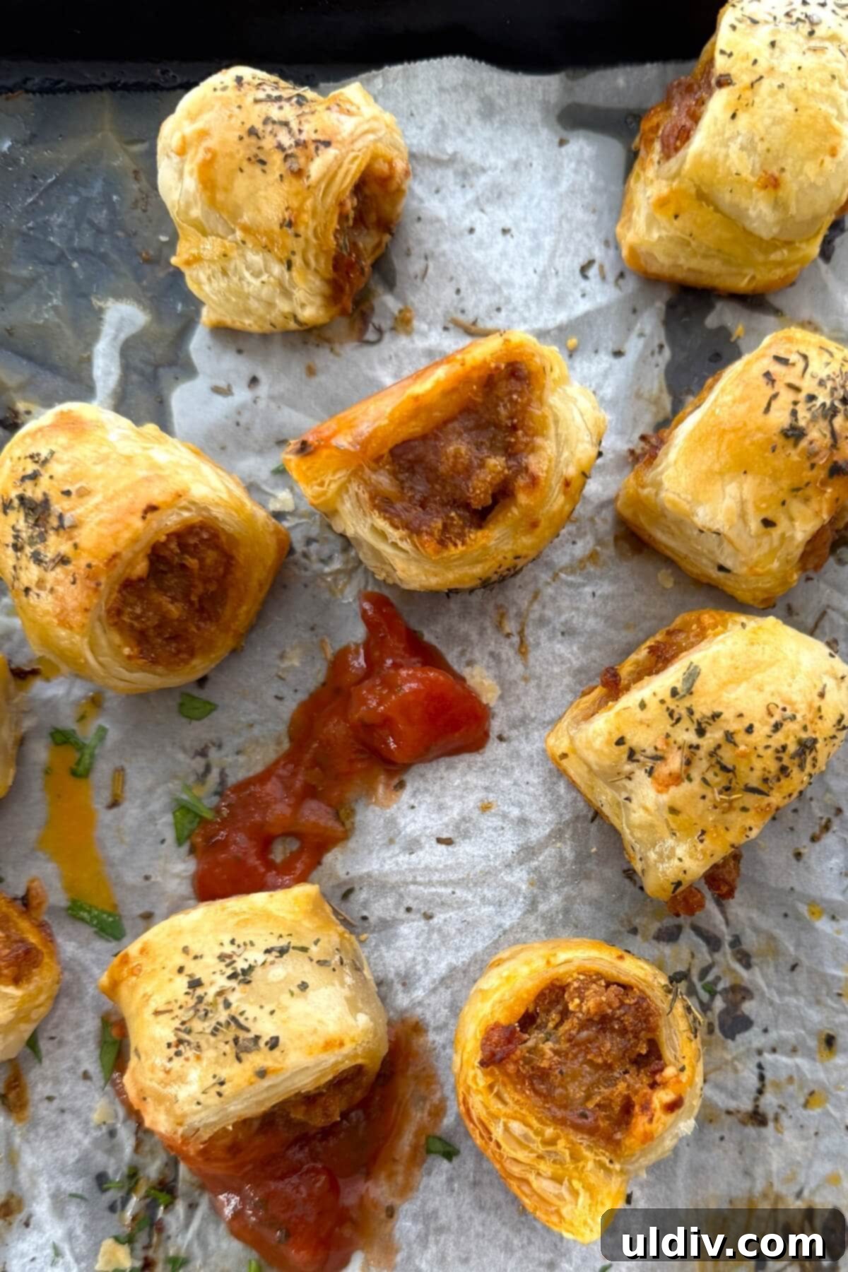 Homemade Pizza Sausage Rolls 3 Sausage rolls on a baking sheet with marinara sauce ready to be served. A delicious party food.