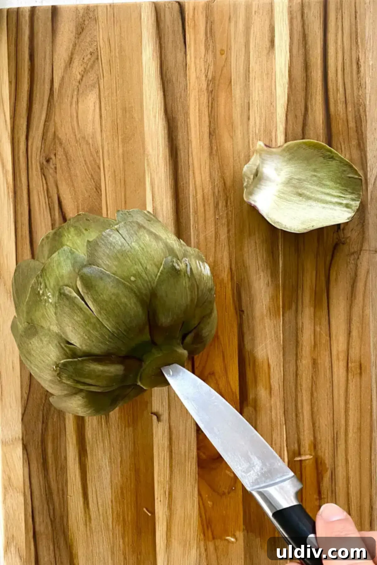 Microwave Magic: Artichokes in Minutes 9 A cooked artichoke resting on a cutting board, with a knife ready to test for tenderness.