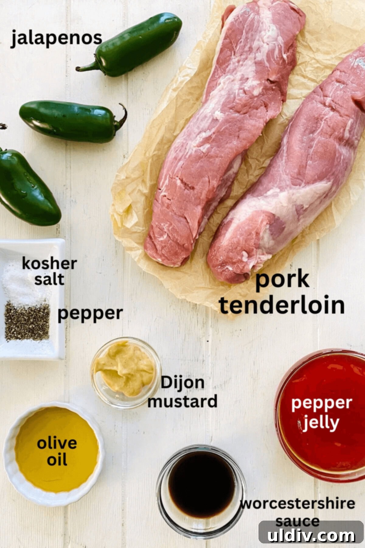 Sweet Heat Pork Tenderloin 4 pork tenderloin, pepper jelly, mustard, Worcestershire sauce, salt, pepper, jalapenos.