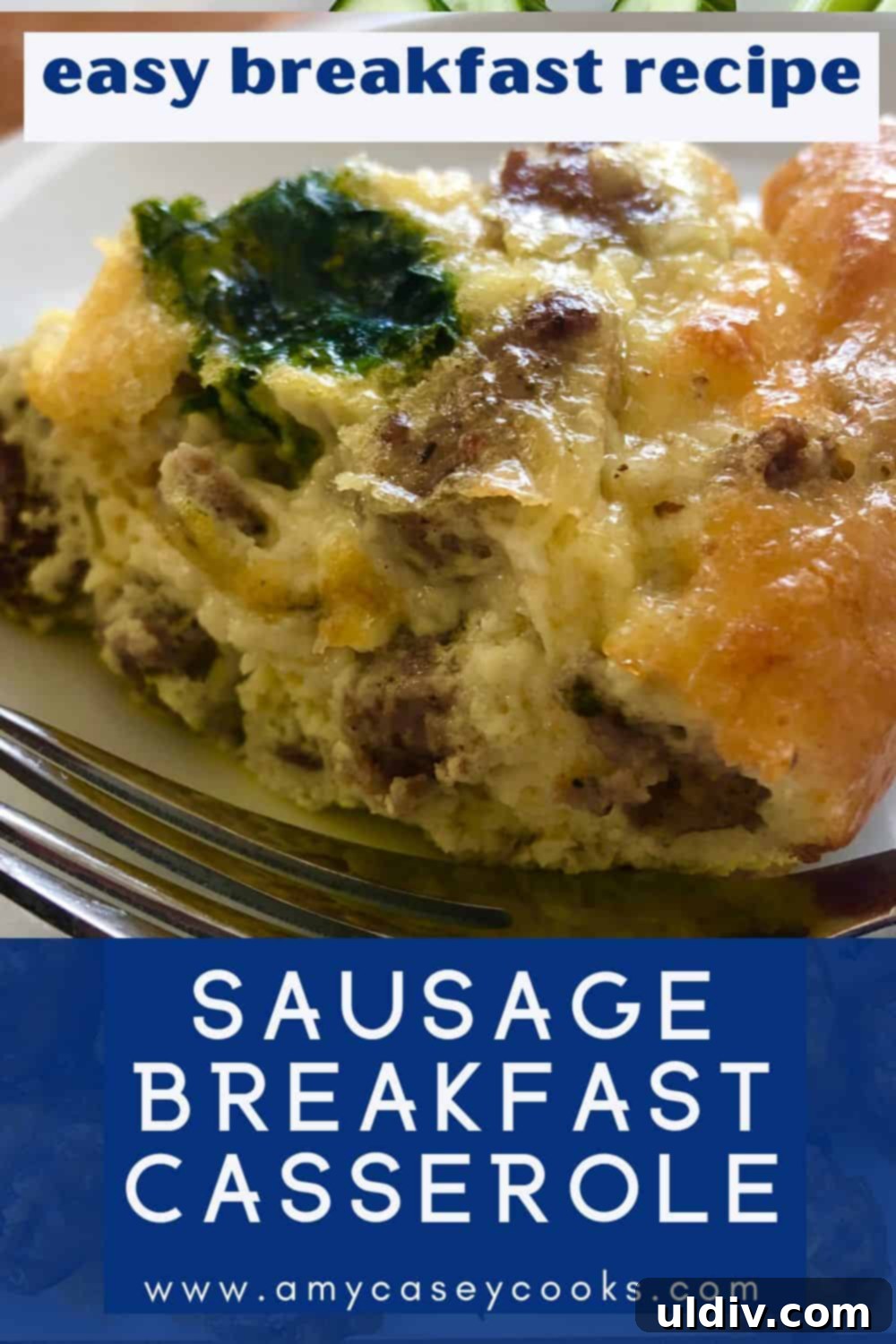 Effortless Sausage Spinach and Cheddar Breakfast Bake 2 A perfectly baked slice of a hearty Sausage, Spinach, and Cheddar Breakfast Casserole, showcasing golden-brown edges, melted cheese, and visible pieces of sausage and spinach, ready to be served for a delicious morning meal.