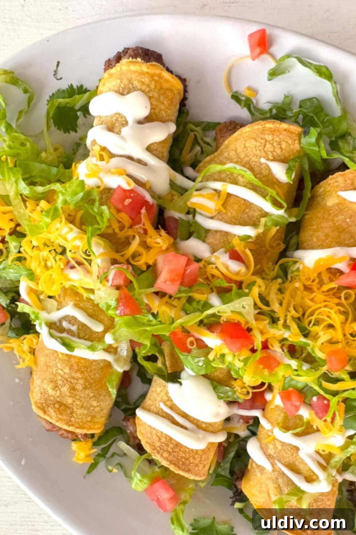 Crunchy Baked Taquitos 2 A plate of crispy baked rolled tacos with a side of dipping sauces.
