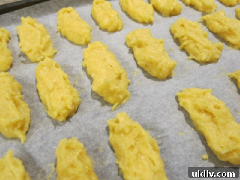 Eclairs Sweet Delights 3 Choux pastry dough being piped or spooned onto a parchment-lined baking sheet, ready for baking.