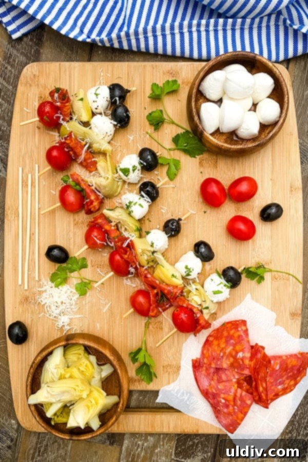 No-Fuss Antipasto Picks 5 A close-up of a single antipasto skewer, showcasing the fresh ingredients and vibrant colors.
