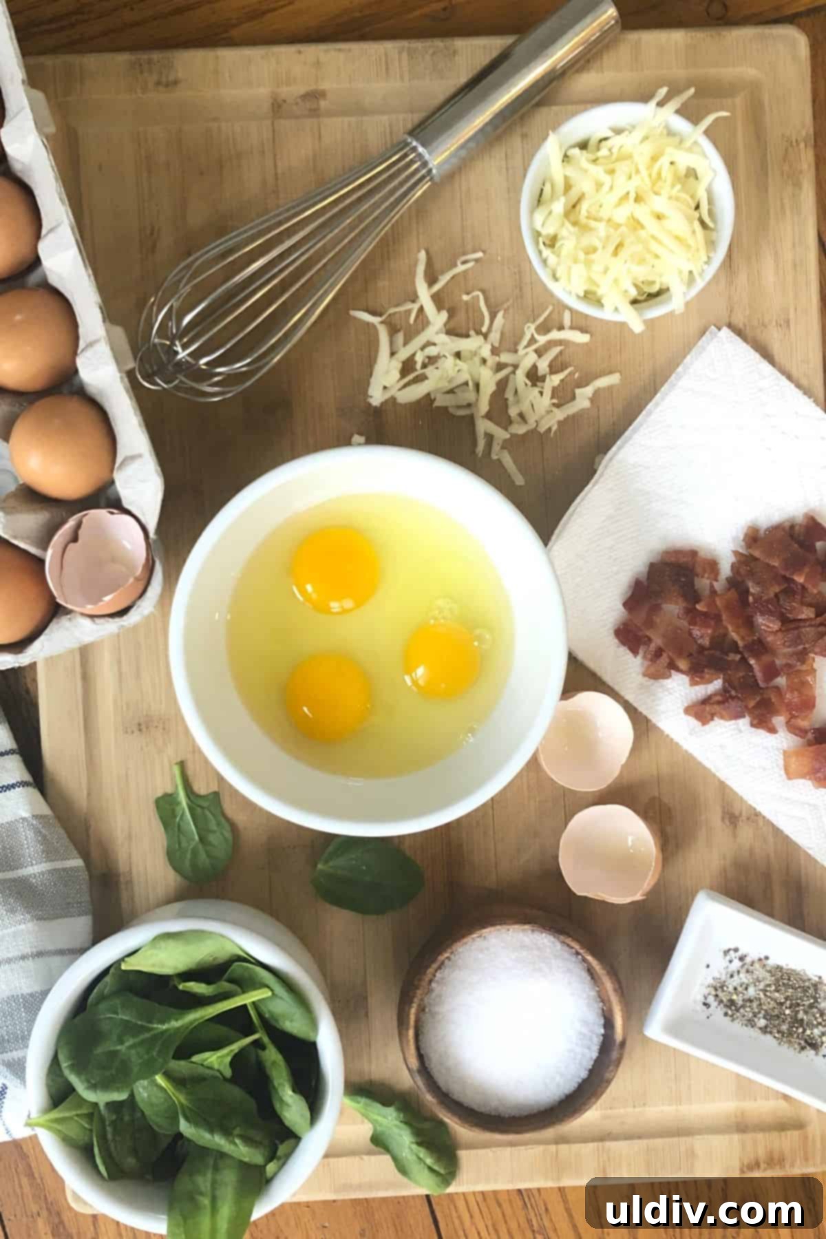 Crustless Spinach Bacon Egg Bites 3 Raw ingredients for a crustless spinach quiche: eggs, cooked bacon, shredded cheese, and fresh spinach.