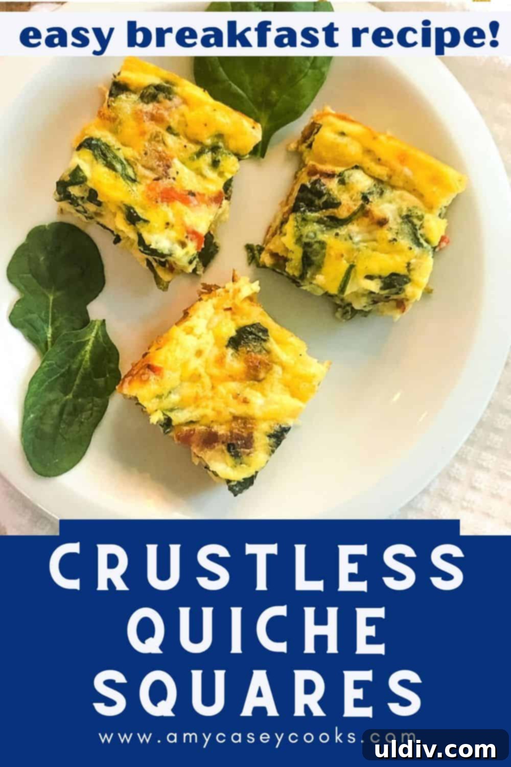 Crustless Spinach Bacon Egg Bites 6 3 crustless quiche squares served on a simple white plate.