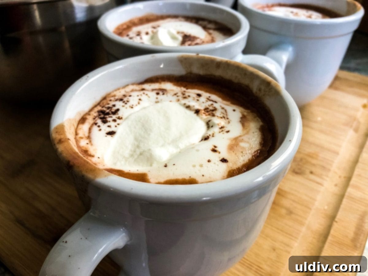 Indulgent Hot Chocolate Blend 2 3 mugs of steaming cocoa with homemade whipped cream
