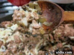 Melted mozzarella, meat, and mushroom mixture in a pan, all combined