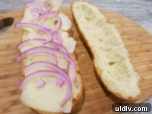 Sliced red onion added on top of Swiss cheese on the baguette