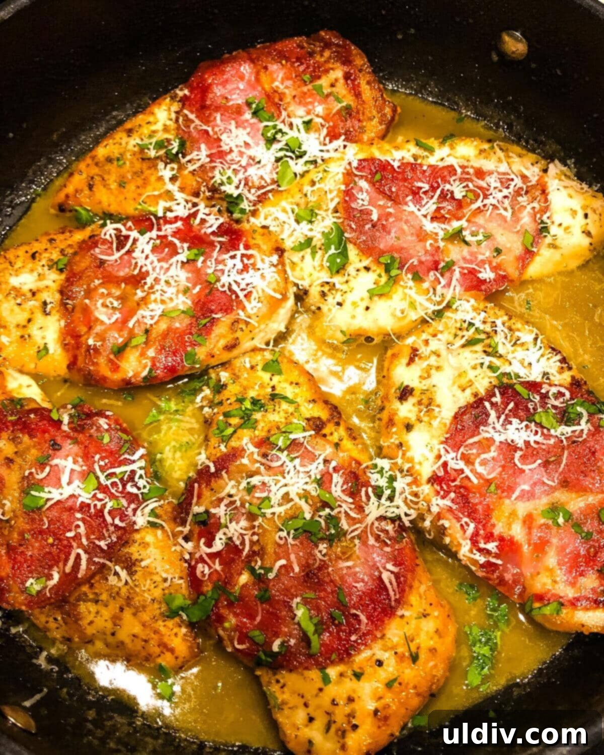 Tuscan-Style Capicola Chicken in White Wine Sauce 2 Tender chicken cutlets with capicola in a shimmering white wine sauce in a sauté pan, ready to serve.