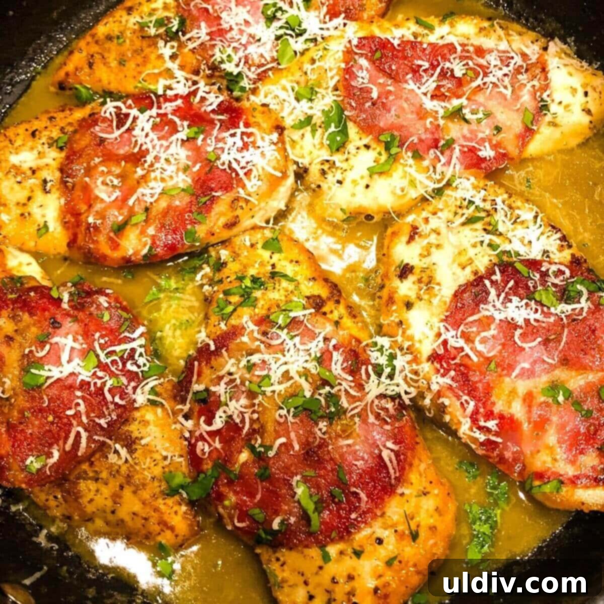 Tuscan-Style Capicola Chicken in White Wine Sauce 3 A simple one-pan dinner recipe featuring Capicola Chicken in White Wine Sauce, elegantly presented in a skillet.