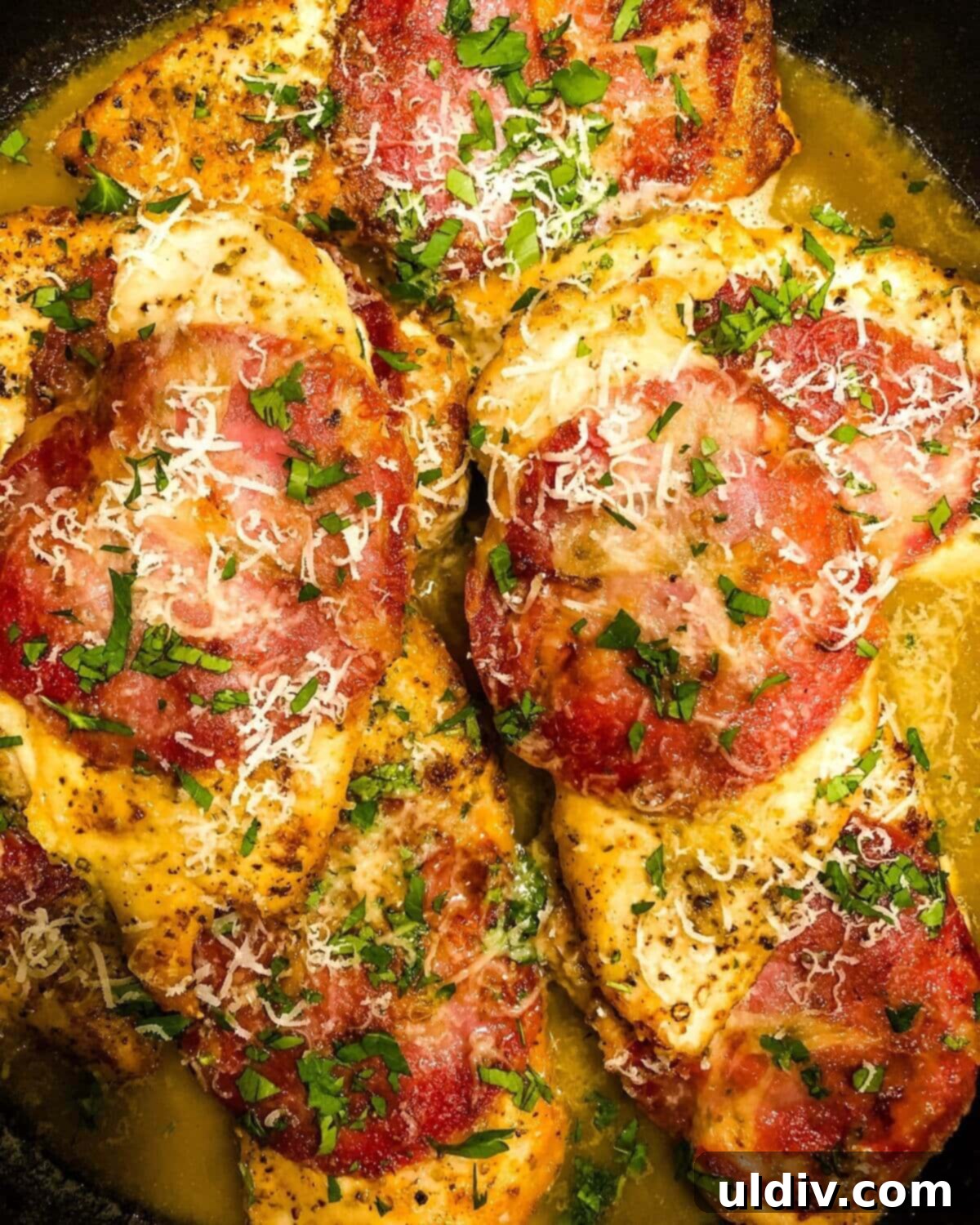 Chicken Capicola with White Wine Sauce 4 chicken in wine sauce in a pan.