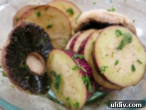 When life gives you eggplants, elevate them into an irresistible sweet pepper panino. 5 Eggplant slices and mushroom caps marinating in herbs and olive oil