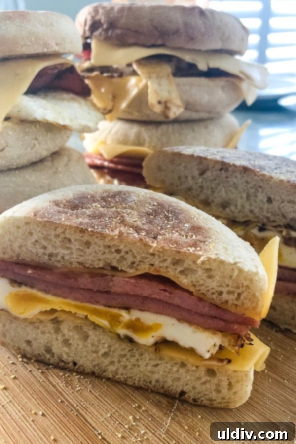 Pork Roll, Egg and Cheese Stack 2 pork roll, egg and cheese breakfast sandwich cut in half, showcasing layers of crispy pork roll, a golden fried egg, and melted American cheese on a kaiser roll