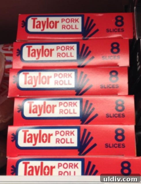 Pork Roll, Egg and Cheese Stack 3 boxes of pork roll on a grocery store shelf, showing different brands and packaging of this New Jersey breakfast meat