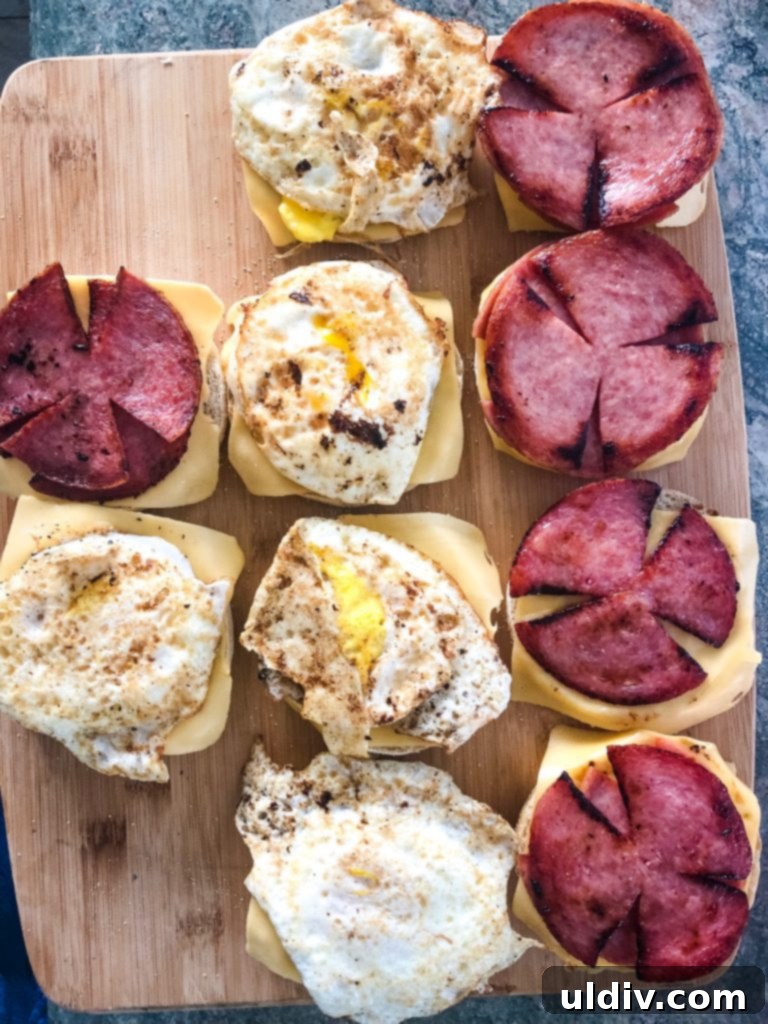 Pork Roll, Egg and Cheese Stack 4 open face breakfast sandwiches with cooked pork roll and melted American cheese on kaiser rolls