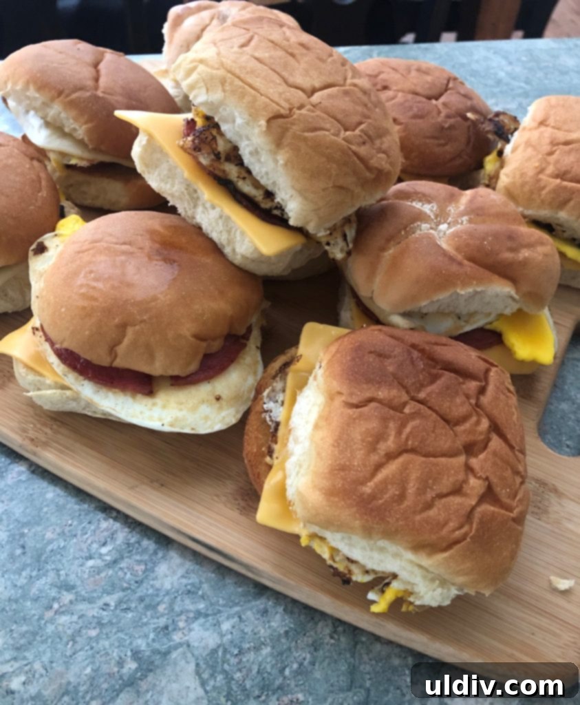 Pork Roll, Egg and Cheese Stack 5 pile of pork roll, egg and cheese breakfast sandwiches, neatly stacked and ready to serve