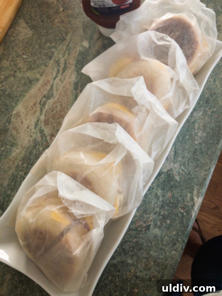 Pork Roll, Egg and Cheese Stack 6 breakfast sandwiches made in advance and packaged in waxed paper bags, ready for grab-and-go
